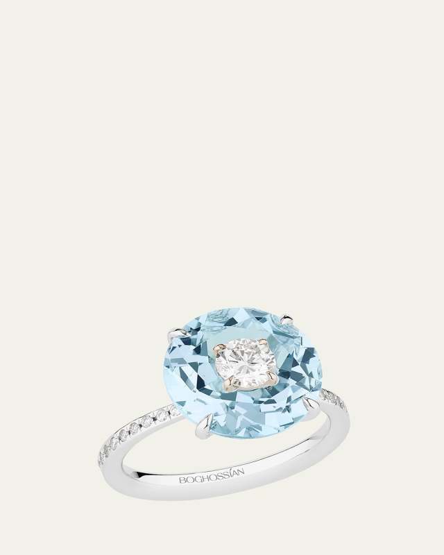 18K White Gold Inlay Crush Ring with Diamonds and Aquamarine